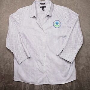 Lands End Shirt Womens 18 Blue Pinstripe EPA Logo No Iron Broadcloth 3/4 Sleeve
